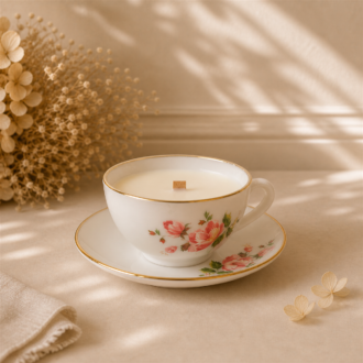 VANI Roseraie Cup Candle χειροποίητο κερί σε vintage πορσελάνινο φλιτζάνι με τριαντάφυλλα