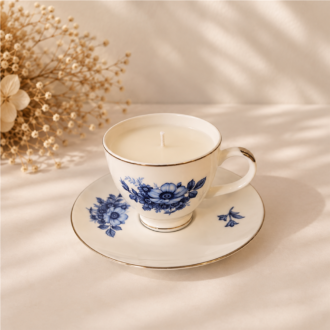 VANI Fleurs Bleues — Κερί σε φλιτζάνι με μπλε άνθη και πιατάκι