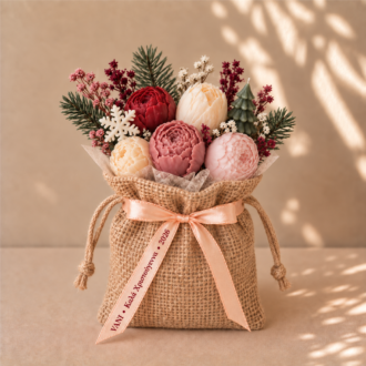 VANI Pochon Fleuri de Noël — ροζ, κόκκινα και ιβουάρ λουλούδια από κερί με νιφάδα και πράσινο δεντράκι, μέσα σε πουγκί λινάτσας με σατέν κορδέλα VANI Καλά Χριστούγεννα 2026.
